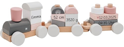 wunderwunsch Personalisierte Holz Eisenbahn Kinder - Geburtstagszug - Zug Baby Eisenbahn - Holzzug Personalisierte Geschenke Baby Spielzeug 1 Jahr Motorikspielzeug (rosa, mit Name)