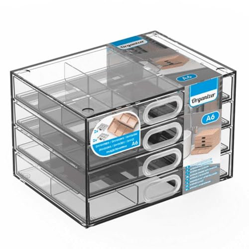 Tradineur Mini Cassettiera A6 Trasparente 4 Cassetti Divisori Plastica Organizzatore Cosmetici Trucco Accessori Cucito Viti Made in Spagna 11.2x17.1x12.4cm