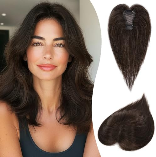 RUWISS Haar Toppers für Frauen Echthaar Topper Leichtes Dunkelbraun mit 15% Dunklem Kakaoblond Clip in Haarteil für Dünner Haar Oberkopf Flauschiger Glatter Hair Topper ohne Pony