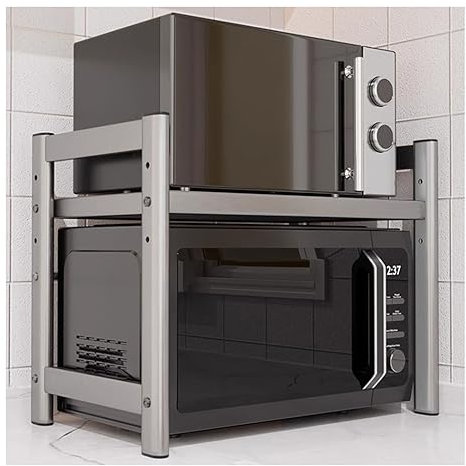 Soporte de Acero Inoxidable para microondas con 6 Ganchos, Estante Ajustable para Guardar Utensilios de Cocina y vajilla, Estante de Almacenamiento Resistente de 2 Niveles.