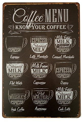 Metall väggdekor, trädgårdsskylt, gåva gatuskylt – känna din kaffemeny vintage metallväggskylt för café, kafé, bar, heminredning 20 x 30 cm