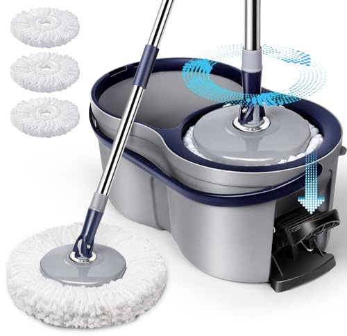 Masthome EasyWring - Set di mocio rotante e secchio, in microfibra, con 3 lavapavimenti a pedale e secchio con strizzatore, per la pulizia dei pavimenti, adatto per casa e ufficio | Design compatto, testa rotante a 360°, 3 panni in microfibra, sistema a secchio piccolo per la pulizia del pavimento di
