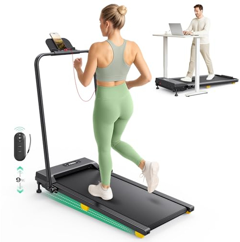 Laufband mit 9% Steigung, Walking pad klappbar mit Sicherheitsgriff | One-Touch-HIIT-Modus, Gehen, Joggen oder Laufen fürs Homeoffice, Kein Zusammenbau erforderlich, Fernbedienung & LED-Anzeige