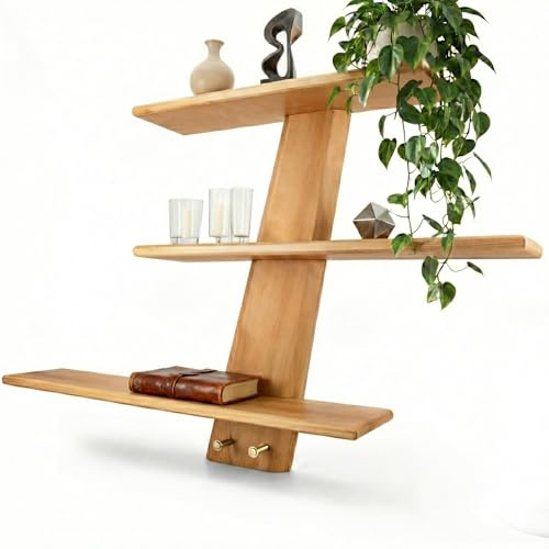 FINITTO Luce Estantería Pared Madera Pino Maciza (58x58cm) | Incluye Nivel | Balda Flotante Modular con Ganchos Latón para Recibidor y Baño | Estructura Robusta para Libros y Decoración