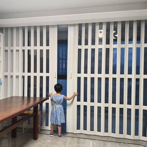 Puertas correderas plegables, diseño de acordeón interior, plástico PVC con panel acrílico transparente, puertas dobles de más de 1,7 m (76 x 203 cm)