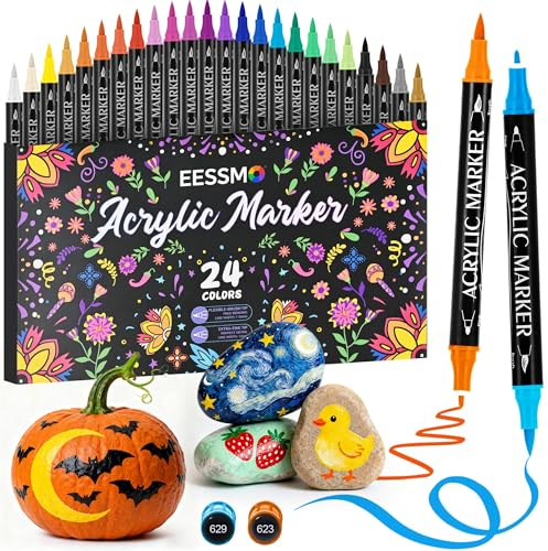 Eessmo 24 Colors Dual Tip Acrylic Paint Markers, Acrylic Paint Pens with Fine Tip and Brush Tip for Rock Painting, Wood, Plastic, Glass, Canvas, Fabric, Pumpkin, DIY Crafts Making Art Supplies