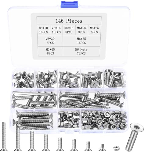 146 Stück M6 Schrauben Set, Senkkopfschrauben Muttern Set, Flachkopfschrauben Gewindeschrauben Sets, Senkkopf Innensechskantschrauben und Muttern Sets