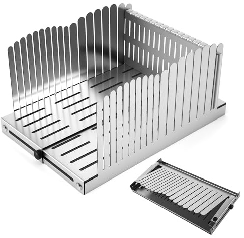 AMADER Stainless Steel Bread Slicer - Adjustable Foldable Durable Steel Space -Saving Cutting Guide Homemade Breads,Suitability for Homemade Breads, Bagel,Cakes - Kitchen Gadget, Baking Tool & Gift
