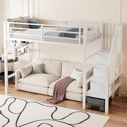 Lcoho Hochbett, (90x200cm) Einlegeböden, Stauraumleiter, Freiraum unter dem Bett zum Verkleiden, Geländer, ohne Matratze, Weiß