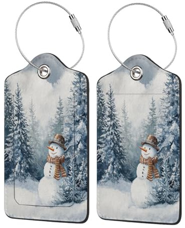 Niedlicher Schneemann- und Nadelbaum-Gepäckanhänger aus Leder mit Sichtschutzklappe, Namensschild und Metallschlaufe