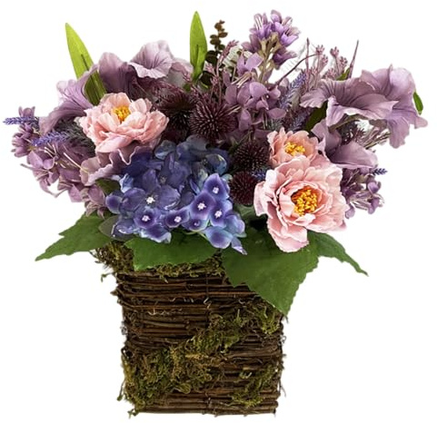 Lavender Door Hanging Basket Wreath, Artificial Floral Spring Wreath for Front Door Porch Wall, Summer Wildflower Home Decor