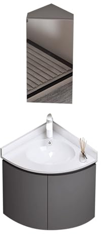 Mobile da bagno angolare con lavabo in ceramica e rubinetto, montaggio a parete, mobiletto da toeletta con specchio, per piccoli spazi, appartamenti, bagni (grigio, 45 cm)