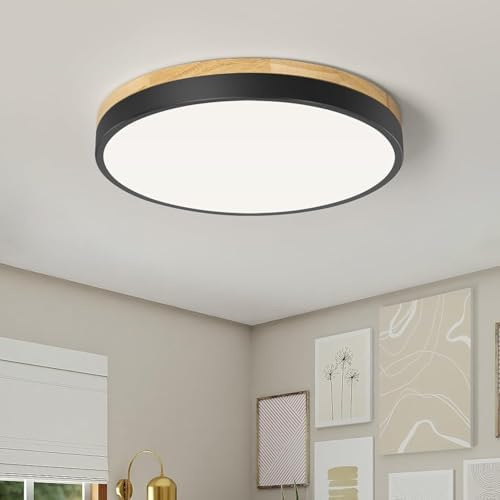 Qamra Deckenlampe, LED Deckenleuchte Holz 30cm, Flach Deckenleuchte Schwarz, 24W Rund Lampe für Wohnzimmer Schlafzimmer Küche Flur Esszimmer 4000K