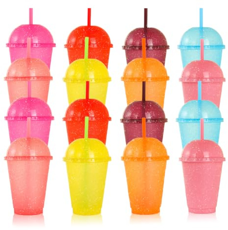 PORFOYO 16 bicchieri di plastica, 500 ml, colorati con cannuccia e coperchio, riutilizzabili, in plastica, per caffè freddo, bevande fredde, frullati