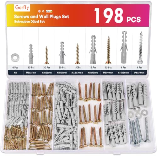 Gorffy 198PCS Wall Plugs and Screws, Screw and Plugs Set with Washers | 99 Masonry Screws, 99 Expansion Anchor Bolts, M3 M3.5 M5 M6 M8 M10 Assorted Screw and Plug, for Brick, Concrete Fixing