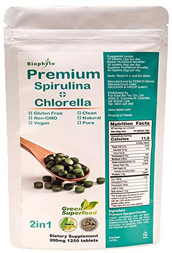Biophyto-Chlorella Spirulina 2 in 1 Tablets- 1250 Counts- Broken Cell Wall- Vegan- 83 Days Supply- Phycocyanin, Protein- Non-GMO- Iron, Zinc, B12, Chlorophyll, Calcium- 100% Pure-Energy Supports