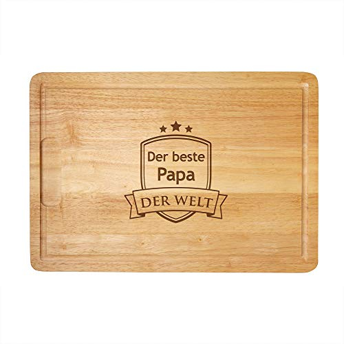 Casa Vivente Schneidebrett aus Holz mit Gravur, Bester Papa der Welt, Küchenbrett mit Saftrille, Tranchierbrett als Geschenkidee zum Vatertag