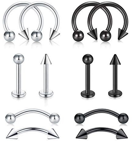 LAURITAMI 12pcs Pendientes Piercing Tragus Helix Nariz Aros Pernos 8mm 16G Rook Barbell Acero Quirúrgico Labio Cartilago Anillos Joyas