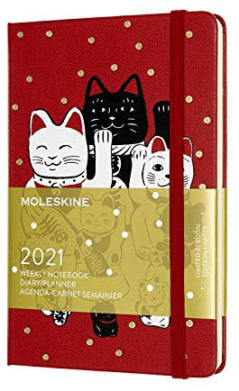 Moleskine 12 Monate Wochenkalender, Wochenplaner 2021, Maneki-Neko limitierte Sonderausgabe, Format Pocket 9 x 14 cm, Farbe Rot, 144 Seiten