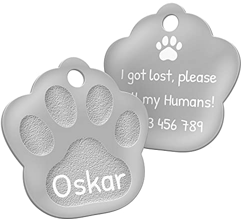 ENGRAVO Hundemarke mit Gravur in Silber 33mm | Pfote Halsbandanhänger personalisiert | Namensschild für Halsband | Anhänger Marke für Hunde, Welpen & Katzen | Dog Tag mit Wunschgravur