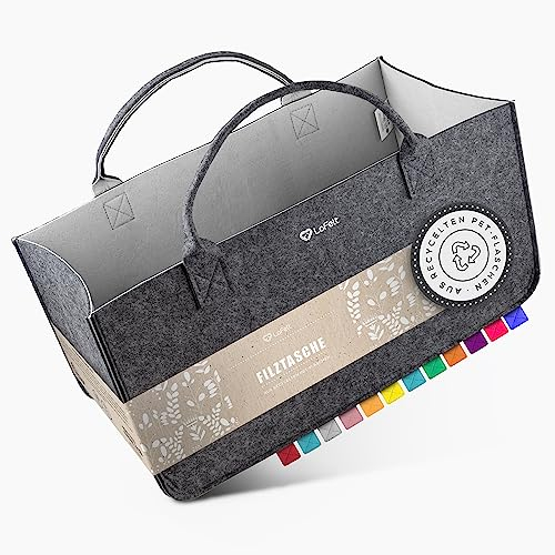 LoFelt® Filztasche, Holzkorb, Brennholzkorb, Kaminholz, aus 100% recyceltem Plastik/Filztasche groß geeignet als Filz Einkaufstasche, Kaminholztasche, Filzkorb, Grau