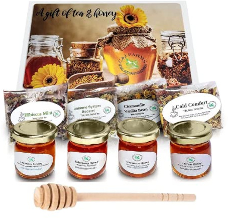 C&J Farms Texas Gourmet Artisan Seasonings A Gift of Tea and Honey Gift Set- 9 Piece Variety Sampler Box- Includes Stir Spoon and Sampling of Loose Leaf Tisanes & Infused Honey- Local, Natural Flavors