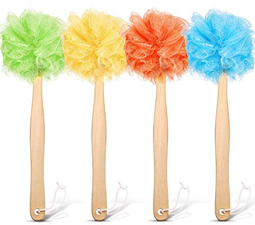 4 Pieces Loofah Back Scrubber Bath Sponge with Wooden Handle Long Handle Sponge Mesh on a Stick for Shower Exfoliating Bath Body Brush Luffa Back Brush for Women Men (Blue, Orange, Yellow, Green)