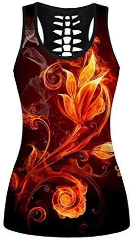 Ocean Plus Dam Sommar Gotiska Toppar Kors Racerback Sport Ärmlös Strappy Tank Toppar Klassisk Rock Väst (L (Bröstomkrets: 92 cm), Flamblomma)