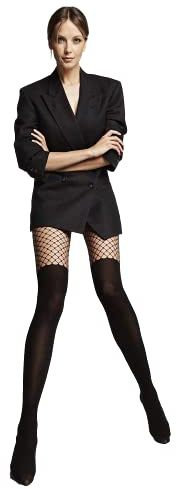 VENEZIANA NUOVA Strumpfhose in Overknee Optik mit Fishnetz, Netzstrumpfhosen Damen Schwarz 40 Den, Fischnetz Strumpfhose