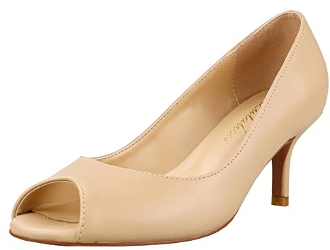 Lutalica W Women's Classic Matte Leather Open Toe Low Kitten Heel Sandals Slip On Medium Heel Peep Toe Dress Pumps Nude Size 8
