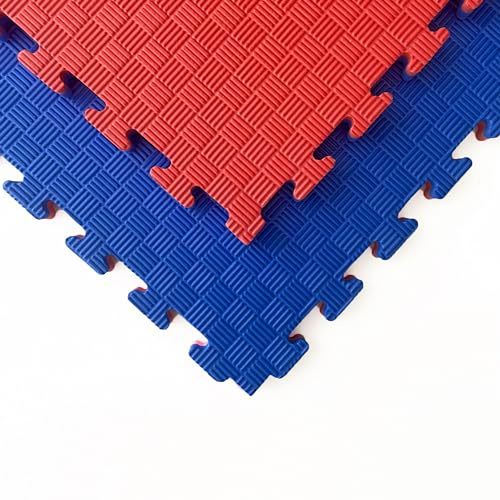 SUELOSPORT Tatami Esterilla Goma EVA Antideslizante Puzzle, Suelo Tatami Profesional, Acabado 5 Líneas Medidas 100cm x 100cm x 2,5cm - 9 unidades (9 m²) Azul/Rojo