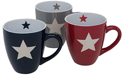 CasaJame Steingut Kaffeetassen Teetassen 3er-Set - Hochwertige Henkelbecher mit Sternmotiv in Trendfarben Grau, Rot, Blau - 12cm H, 11cm Ø