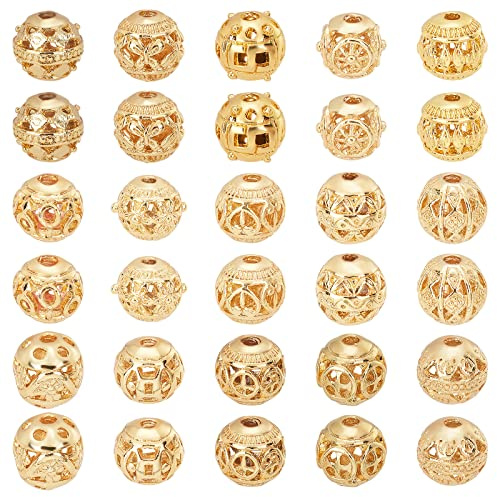 PandaHall 15 Stil 8mm Runde Abstandsperlen, 30 Stück 18K Vergoldete Legierung Hohle Perlen Metall Lose Distanzkugel Perlen für Armband Halskette Schmuckherstellung, Bohrung: 1.5~2mm
