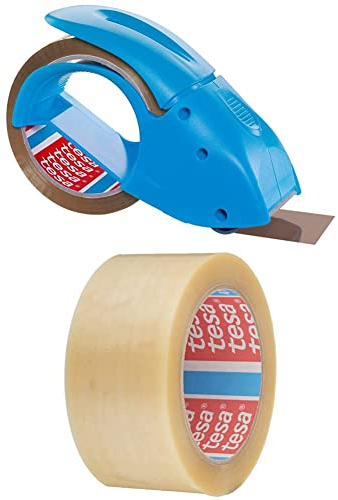 tesa Versand-Set Ultra Strong (1x tesapack Pack' n' Go - blauer Handabroller + 3x tesapack Klebeband, Transparent - 66 m x 50 mm)