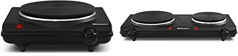 Elite Gourmet ESB-301BF# Countertop Single Electric Hot Burner, Power Lights, Easy to Clean, 1000 Watts + EDB-302BF# Countertop Dual Flat Double Electric Hot Burner, Temp Controls, 1500 Watts, Black