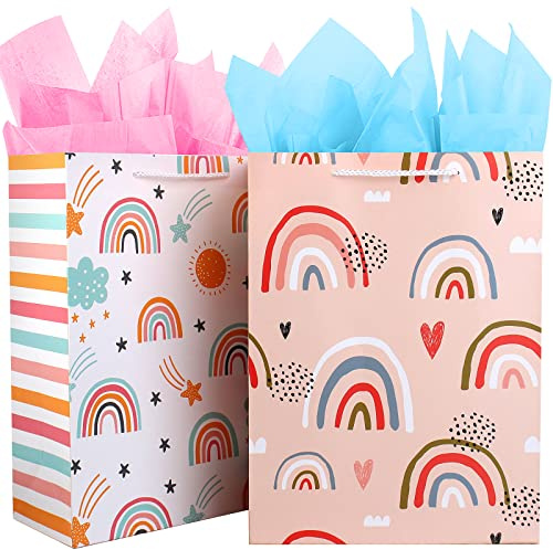 Sacchetti Regalo Grandi per Bambini,Grande Compleanno Busta Arcobaleno Rosa,Pacchetto Cuore Rosso e Fazzoletti di Carta,Bustine con Manico