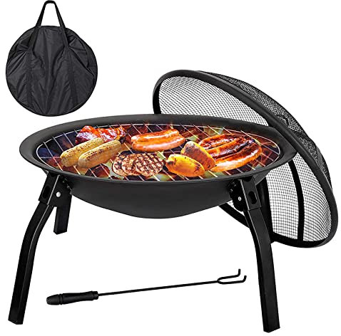 Foyer extérieur pour petit feu de bois extérieur - Barbecue avec bol de feu de camp avec couvercle pare-étincelles et tisonnier - pour jardin, camping, pique-nique, jardin