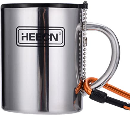 HEECN Camping Mugs - Double Walled Stainless Steel Mug for Hot Drinks with Lid and Carabiner - Backpacking - Trekking - Hiking - HESS038BBK400