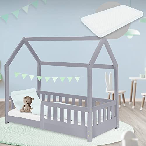 ML-Design Barnsäng 70x140 cm ljusgrå med madrass, fallskydd, tak och lamellram, leksäng i massivt trä, hussäng för tjejer/killar, sänghus i furu, ungdomssäng barnhus träsäng