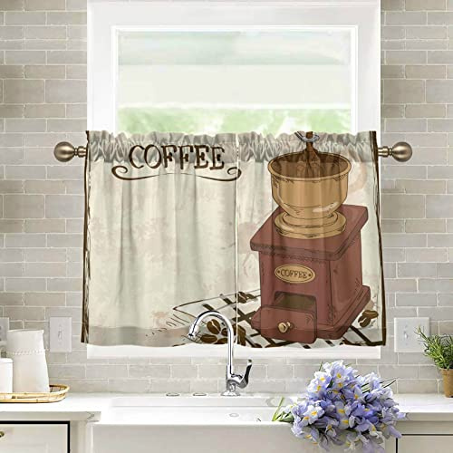 Lot de 2 rideaux à étages avec passe-tringle pour cuisine, salle de bain, moulin à café et grains décoratifs courts 68 x 61 cm