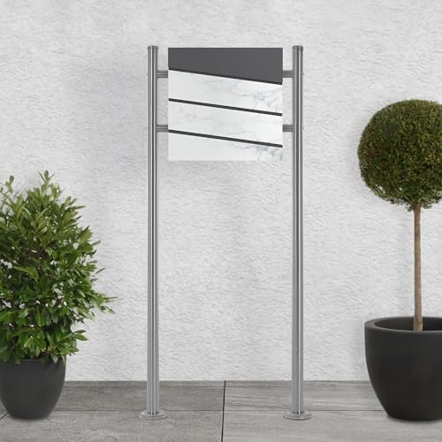 ECD Germany Standbriefkasten mit Zeitungsfach, Design Briefkasten mit Pfosten, Briefkastenanlage, Briefkastenständer Silber metallic 120 cm aus Edelstahl, Postkasten Anthrazit-Marmoroptik aus Stahl