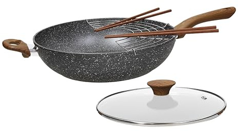 Tognana Stone & Wood, wok oriental con griglia e coperchio in vetro 32 cm + 4 bastoncini in legno, alluminio, grigio