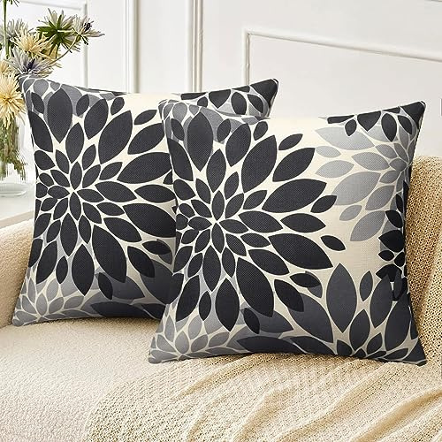 Velvhom Kissenbezug 45x45 cm Sofakissen Herbst Moderne Abstrakte Dahlie Blumen Schwarz und Grau Leinen Kissenhülle Zierkissen Modern Deko Kissen Bezug für Wohnzimmer Kinder Büro, 2er Set