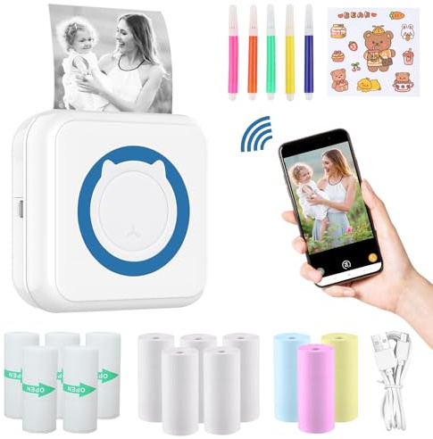 ZAKVOP mini drucker für Smartphone, mini Tragbare Fotodrucker, mini Pocket Printer, Bluetooth thermodrucker für iOS und Android, Aufkleber drucker für Journal, Notizen, Liste, Memo - Blue