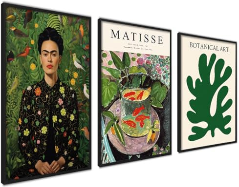 3er Set Poster 30x40cm Wanddeko Wohnzimmer Ideal als Geschenk Schlafzimmer | Moderne mit Rahmen Matisse Frida Botanik Grün Collagen mit passenden Bilder als Wanddeko, Modernes Design, Einfache Montage