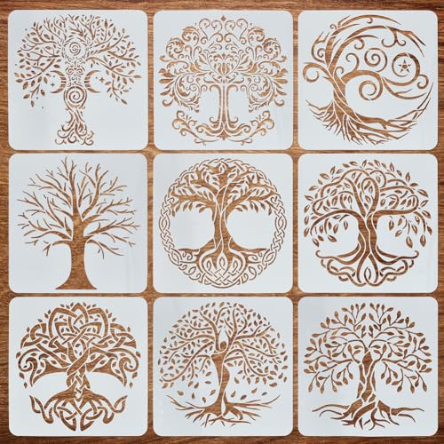 FINGERINSPIRE Große Schablone zum Malen von Bäumen des Lebens, 30x30 cm, PET-Baum, Spiralbaum, gedrehter Baum, Sprühen, wiederverwendbar, Ast und Blätter