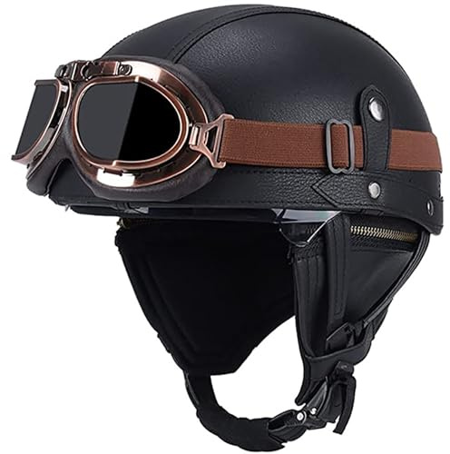 Casco Jet Vintage Omologato ECE,Mezzo Casco Moto Pelle D'epoca Con Occhiali Da Aviatore,Caschi Scooter Caschi Street Cruiser Da Uomo E Da Donna 55-62CM D,L