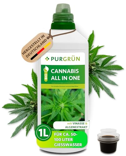 Purgrün® Bio-Cannabis-All-In-One-Dünger 1 Liter – Pflanzenanbau 420 – Organische Rezeptur – Premium-Flüssigdünger – NPK 4+1+7 – Mit Algenextrakt & Vinasse – Extra Kalium für hohen Ertrag