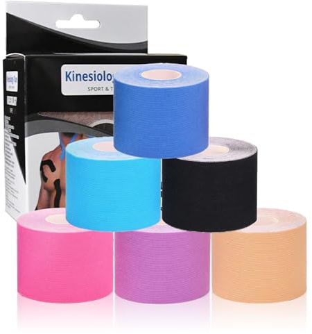 6 Rolls Pack Kinesiology Tape, Waterproof Elastic Muscle Support Tape Sports Tape Muscle Tape Knee Tape for Exercise, Sports & Injury Recovery, Breathable & Latex Free, 5cm x 5m Per Roll (Mixed Color)