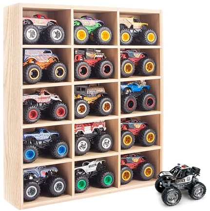 KISLANE Monster Trucks Aufbewahrungsregal, Wandhalterung, für 15 Personen (Holz) | Wandhalterung, abgestuftes Regal für Autos im Maßstab 1:64. Lieferung ohne Autos. Montage erforderlich. Für 3 Stück.